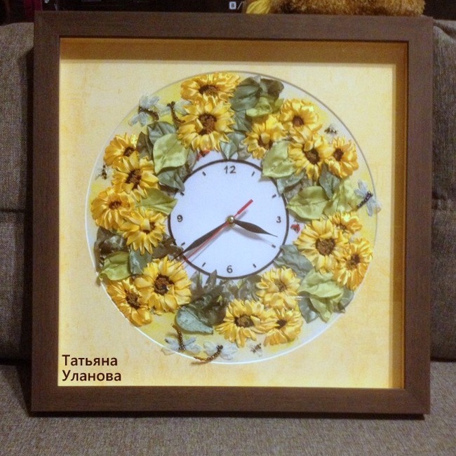 Wall clock with ribbon embroidery - My, , Embroidery with ribbons, Needlework without process, Handmade, Handmade, Longpost