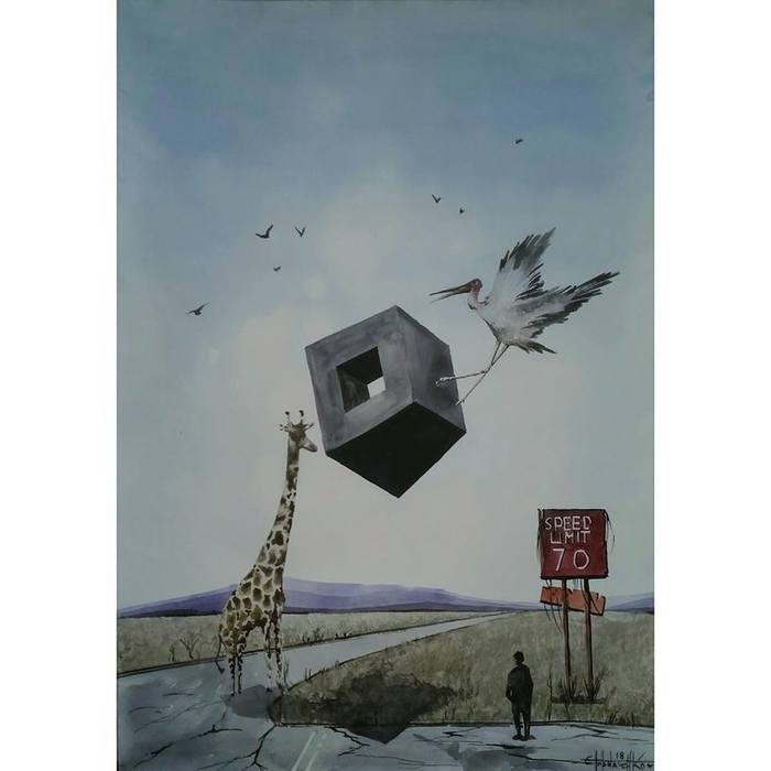 What are they thinking? Watercolor 60X42cm (2018) - My, Watercolor, Art, Painting, Surrealism, Painting, Cranes, Giraffe
