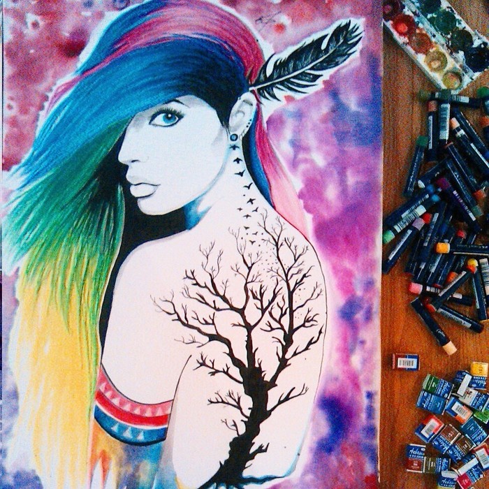 from the old - My, Watercolor, Art, Pastel, Drawing, Creation, Girls, Tree, Colorful hair