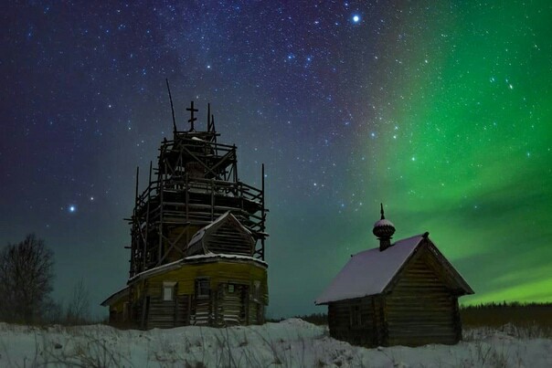 Russian North - Russian North, Severodvinsk, Winter, Church, Stars, Galaxy, Polar Lights, Longpost, Star