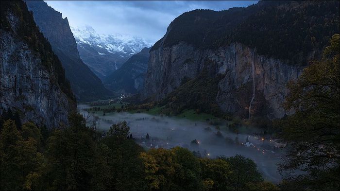 Village in a mountain valley. Twilight. - The mountains, Switzerland, Waterfall, Valley, Lauterbrunnen