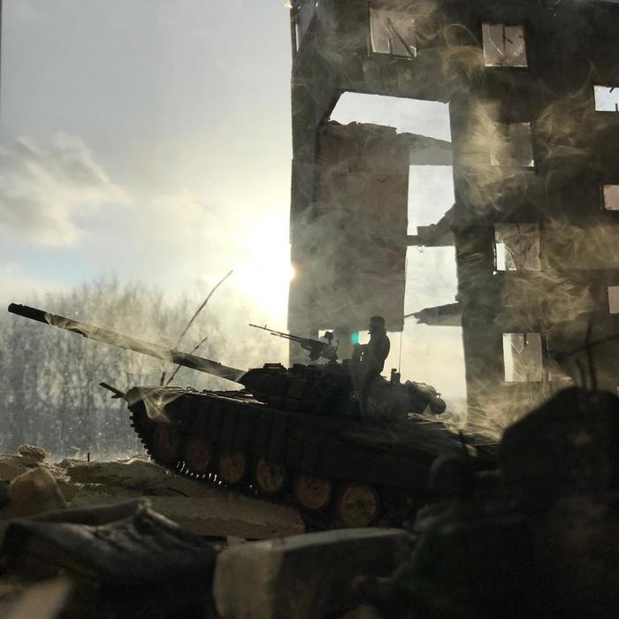 Diorama on the topic of modern conflict. - My, Modeling, Stand modeling, Diorama, Tanks, Longpost, Miniature, GIF, Video