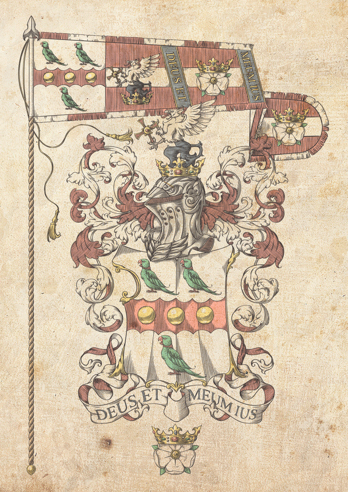 Coat of arms and standard - My, Coat of arms, Heraldry, Art, Engraving, Shield, A parrot, Helmet, Griffin, Longpost