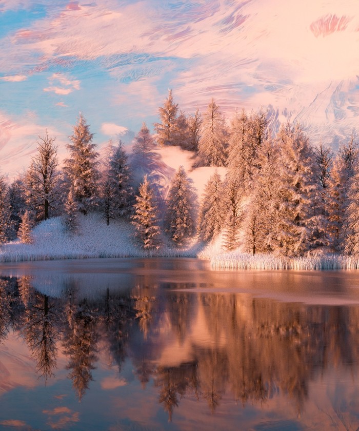 Winter silence - Art, Drawing, Winter, Lake, Cold, Landscape, 