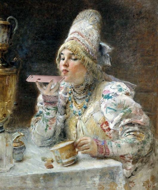 The merchant's wife is recording a voice message, Konstantin Makovsky, 1914 - Painting, iPhone, Modernity, Apple