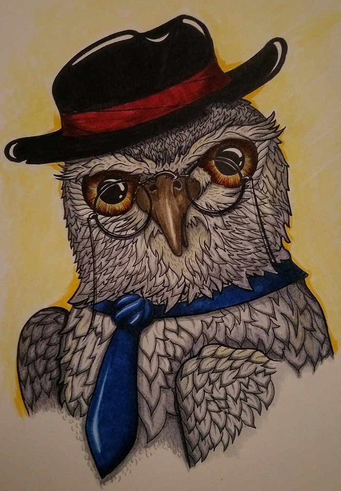 intelligent owl) - My, Drawing, Marker, Sketch, Birds, Owl, Owl, Pince-nez, Intelligentsia