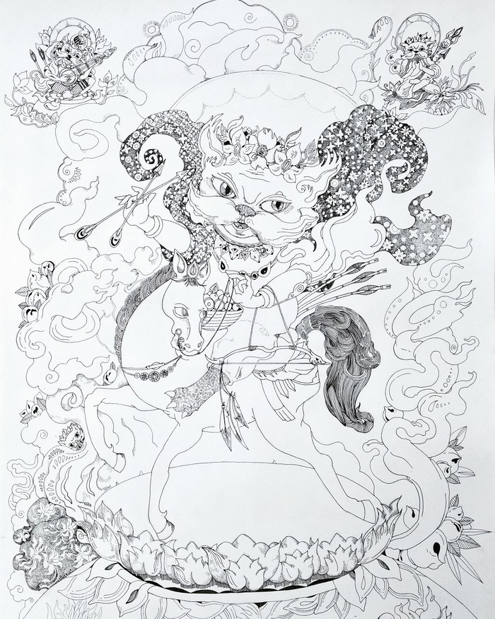 Look, a cat on a horse! - My, Drawing, Art, Graphics, cat, Thangka, Horses, Mascara