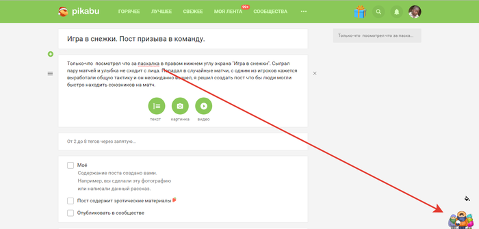 Игра в снежки. Пост призыва в команду.