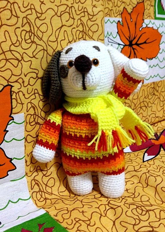 White Beam black ear wishes everyone a sunny Saturday and good mood!!! - My, Knitting, Hook, Hobby, Needlework without process, Amigurumi, Crochet, Dog, Toys, Longpost