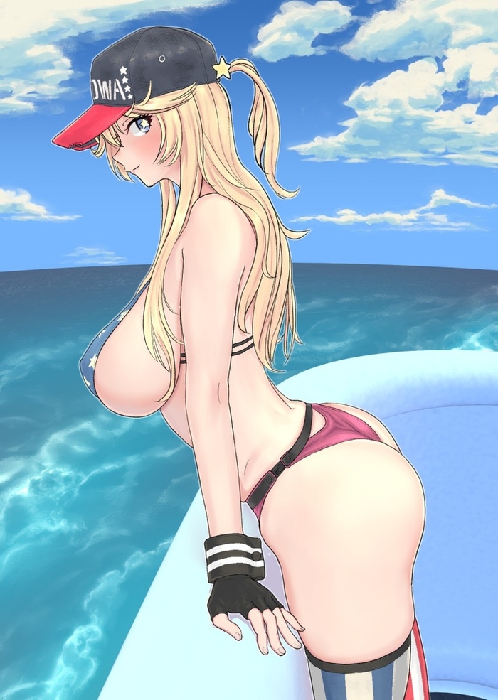 Iowa - NSFW, Kantai collection, Uss Iowa, Etty, Boobs, Swimsuit, Summer, Anime art, Anime