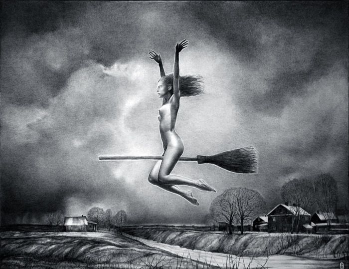 new broom - NSFW, My, Drawing, Graphics, Gouache, Girls, Witches, Broom, Flight