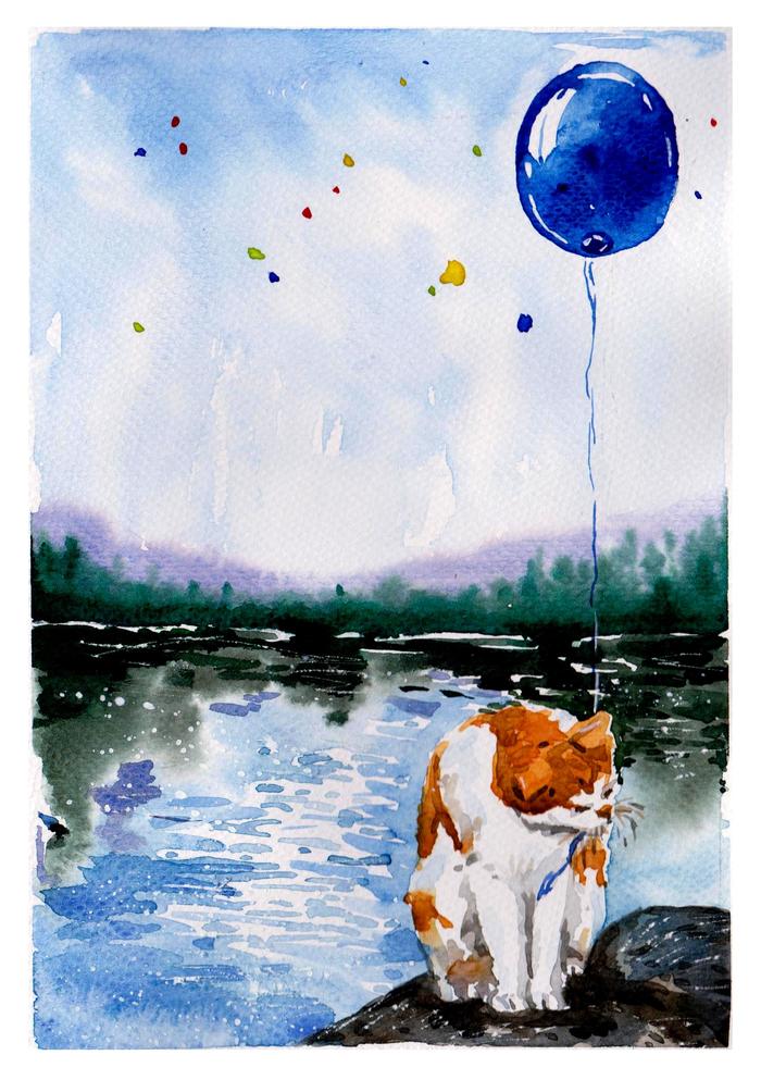 Cat postcard - My, Friday tag is mine, Art, Drawing, Watercolor, cat, Longpost, Animals, Air balloons, Water