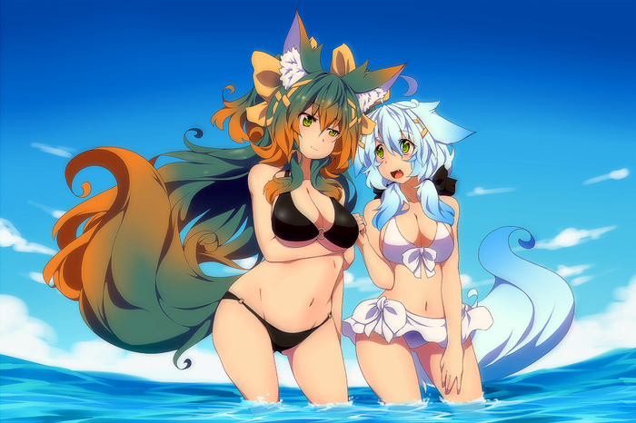 Art Boundless Ocean - Anime Art, Аниме, Kuromiya Raika, Shiromiya Asuka, Уши, Хвост, Купальник