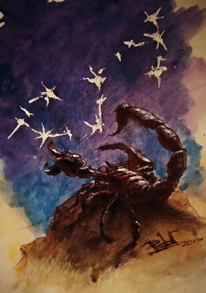 All poisonous))). - My, Black pen, Zodiac signs, Scorpion, Watercolor, Drawing