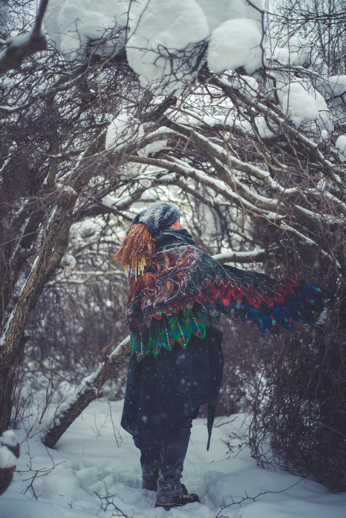 Shawl Wings #2 (or the vicissitudes of filming in the snow) - My, Kai Yara, Wings, Shawl, Boho, , Winter, Longpost