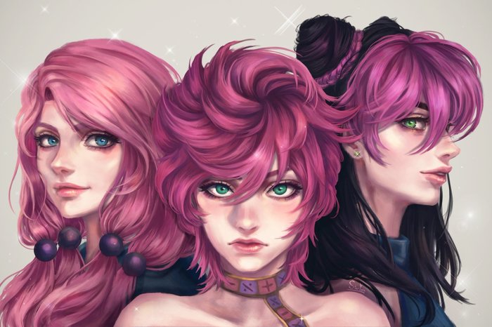 Yasuho Hirose, Trish Una, Jolyne Kujo - Anime, Anime art, Jojos bizarre adventure, Drawing, Twitter, Art