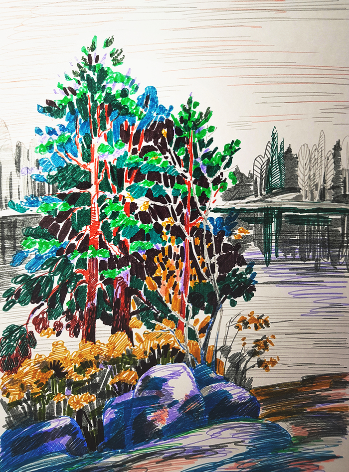 Pine trees on the shore - My, Drawing, Felt-tip pen, Landscape, Shore, Pine, Tree