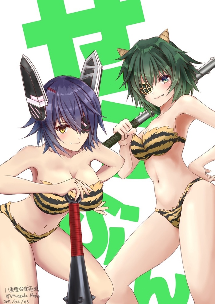 Tenryuu & Kiso - NSFW, Kantai Collection, Tenryuu, Kiso, Сиськи, Купальник, Этти, Anime Art, Аниме