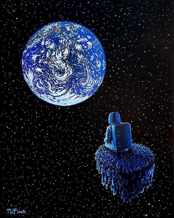 Blue space - Painting, Acrylic, Space, Fantasy, Planet, Art, Космонавты, Stars, Stars