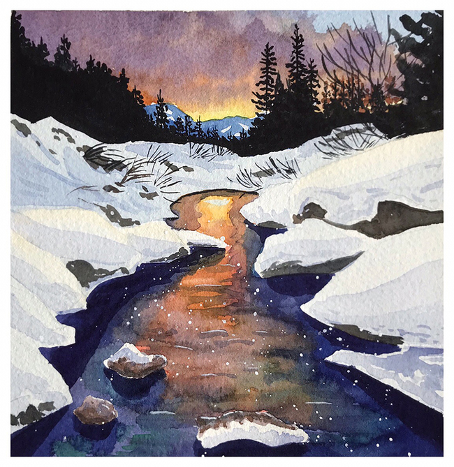 Sketchbook pictures 4. Winter - My, Watercolor, Landscape, Winter, Forest, Snow, Longpost, Drawing, River, Nature