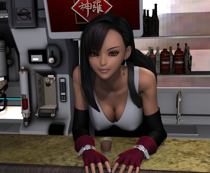At the bar counter (and disclosure of the topic in the comments) - Hand-drawn erotica, Beautiful girl, Tifa lockhart, Final fantasy vii, Boobs, Games, NSFW, 3dx