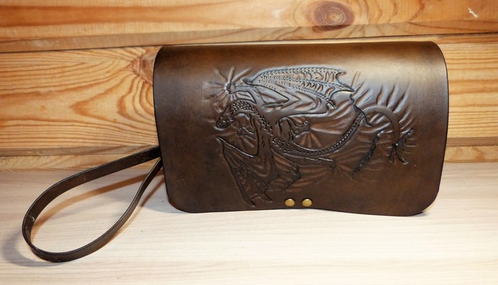 Purse. - My, Embossing on leather, Сумка, The Dragon, Longpost, With your own hands