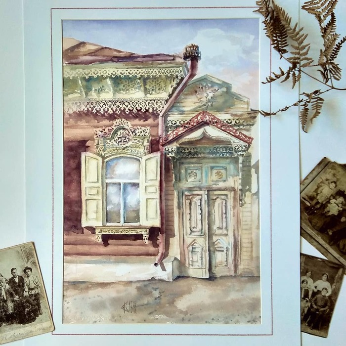 Terem brother 38*56 - My, Art, Town, House, Watercolor, Creation, Drawing, Painting, Wooden house