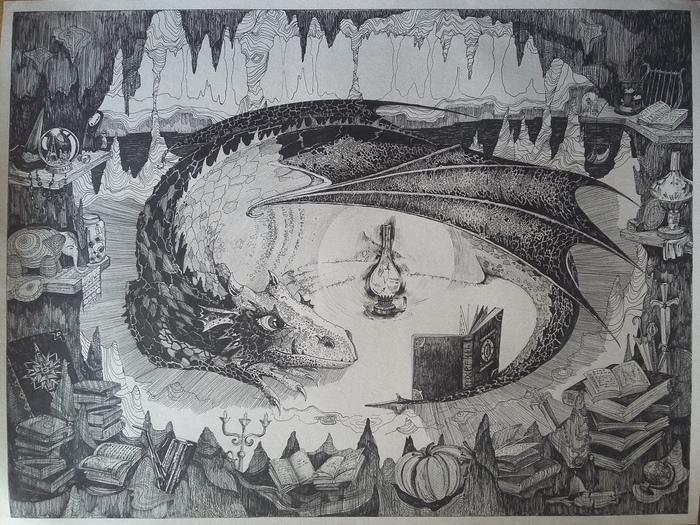 book keeper - My, Drawing, The Dragon, Creatures, Books, Story, Illustrations, Pen drawing, Gel pen