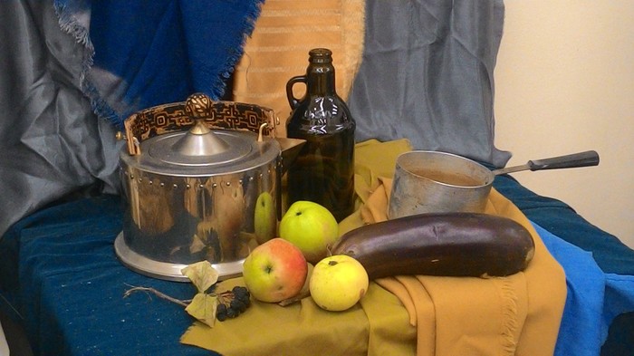 Staged kalyakanie - My, Watercolor, Still life, Longpost, Stages, Drawing, Painting, Apples, Eggplant, Tableware