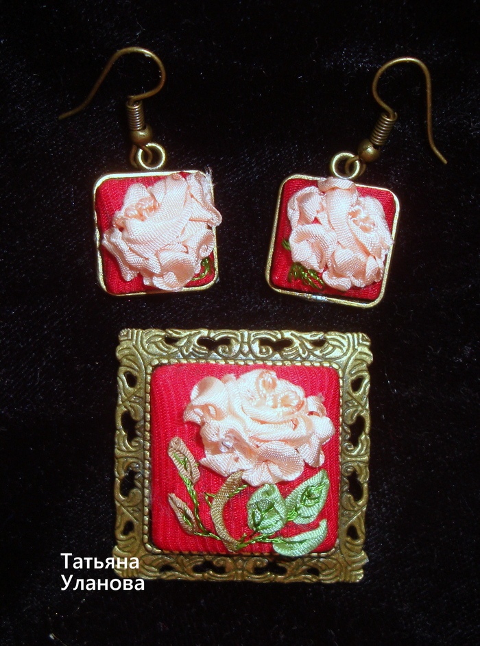 Silk roses - My, Needlework without process, Needlework, Handmade, Earrings, Brooch, DIY brooch, Handmade, Embroidery with ribbons
