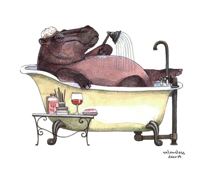 Hippo - My, Illustrations, Drawing, Art, Watercolor, hippopotamus, Graphics, Bath, Sketch