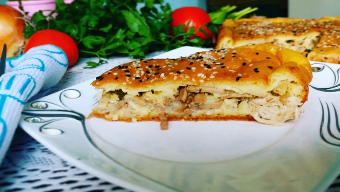 Jellied pie with chicken and mushrooms - My, Filling pie, Kournik, , Pie, Video, Recipe, Video recipe