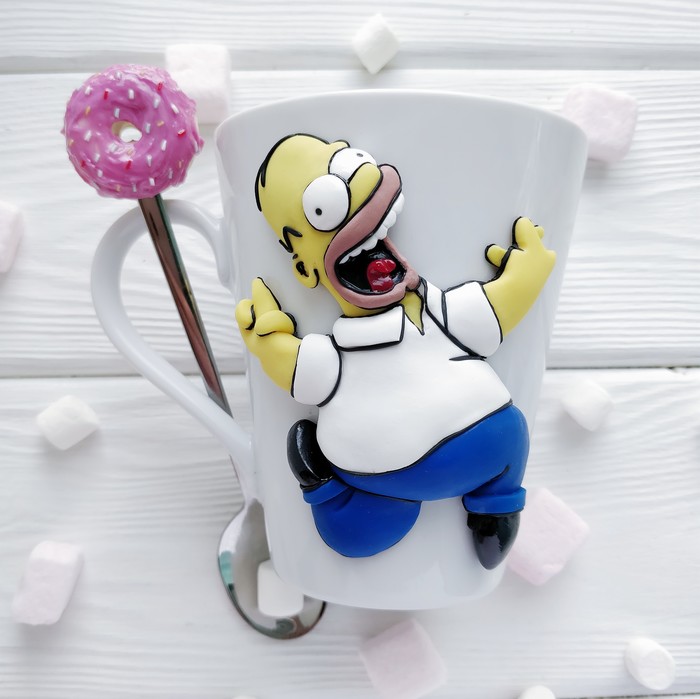 Homer Simpson on a mug) - My, Handmade, Polymer clay, Mug with decor, The Simpsons, Homer Simpson, Donuts, A spoon, Composition