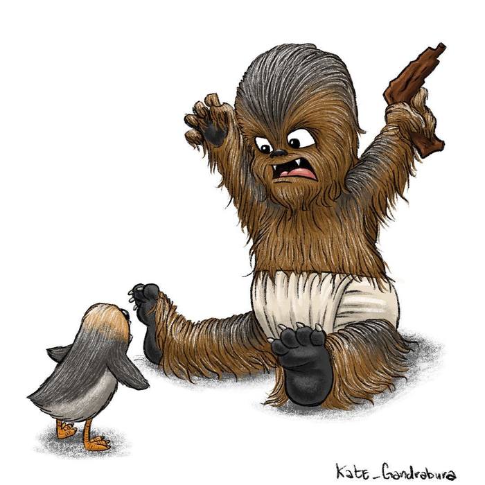 Baby Chewie and porg. - Fan art, Drawing on a tablet, Procreate, George Lucas, Porgy, Chewbacca, Star Wars, My