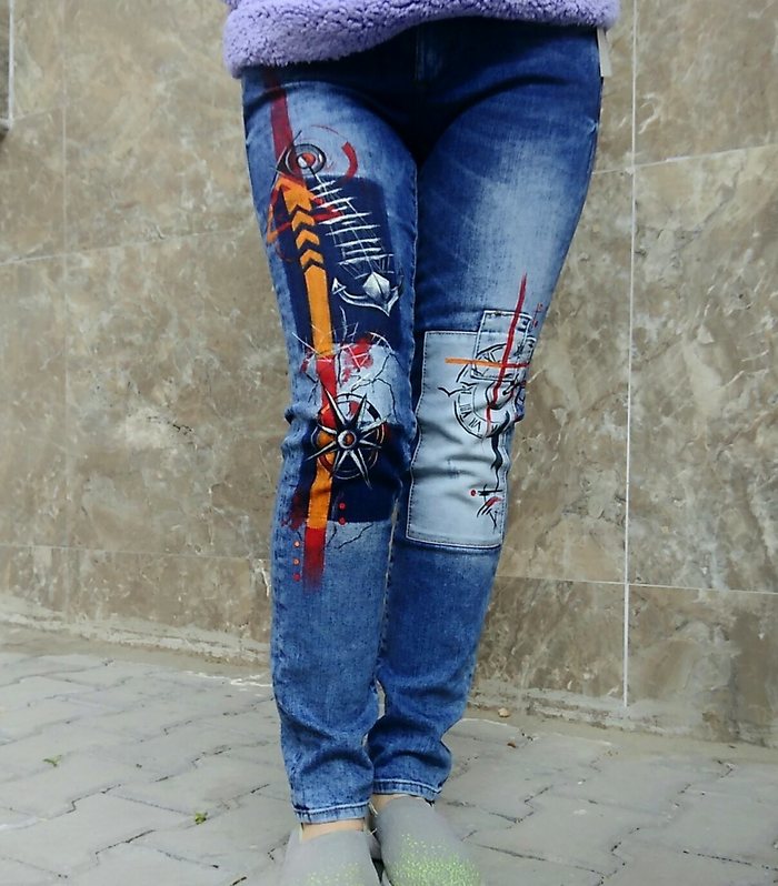 Drawing on jeans - My, Painting on fabric, Cloth, Trousers, Longpost