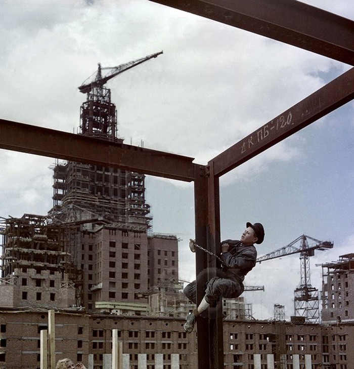 Construction of the main building of Moscow State University, 1951 - MSU, Old photo, Building