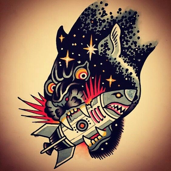 space kus - Tattoo, Tattoo sketch, Black Panther, Panther, Rocket, Space, Art, Stars, Stars