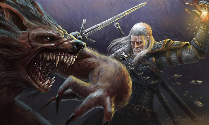 Witcher vs Werewolf - Art, Drawing, Witcher, Geralt of Rivia, Werewolf, Sword, Fantasy, 