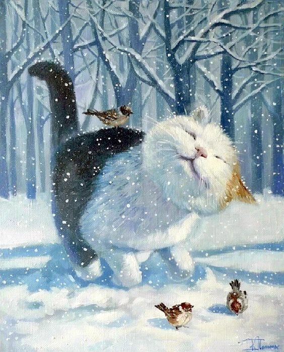 Kira Panina - cat, Sparrow, Milota, Winter, Birds, Snow, Painting, Pets