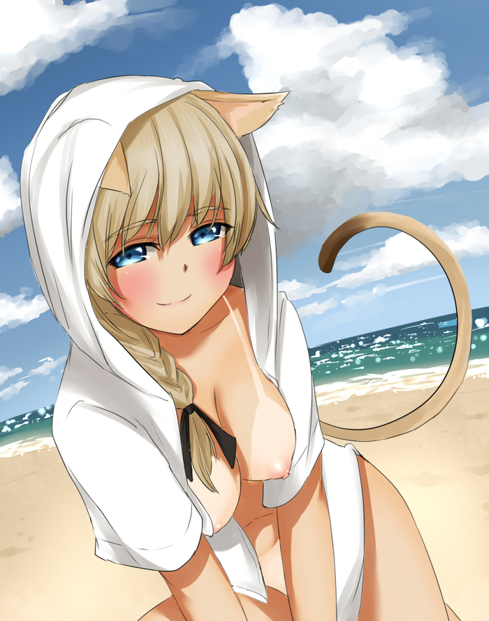 Art Private Beach - NSFW, Anime art, Anime, Strike Witches, Lynette, Animal ears, Breast, Nipples