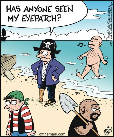Has anyone seen my eye patch? - Offthemark, Pirates, Eye patch, A loss, Bandage, Comics