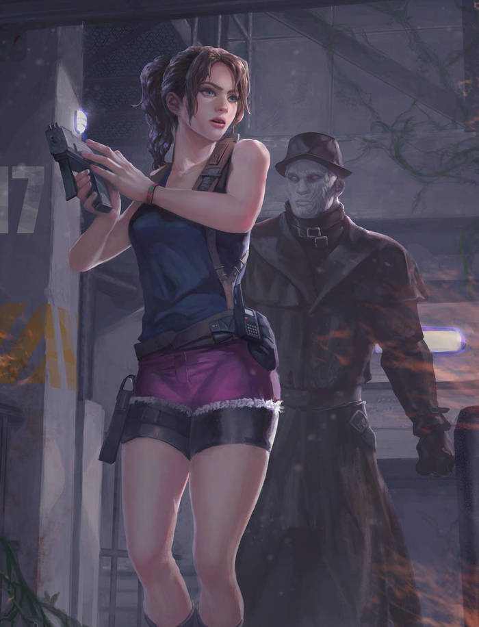 Claire and Mister X - Art, Drawing, Resident evil, Capcom, Claire redfield, Tyrant, Mr. X, 