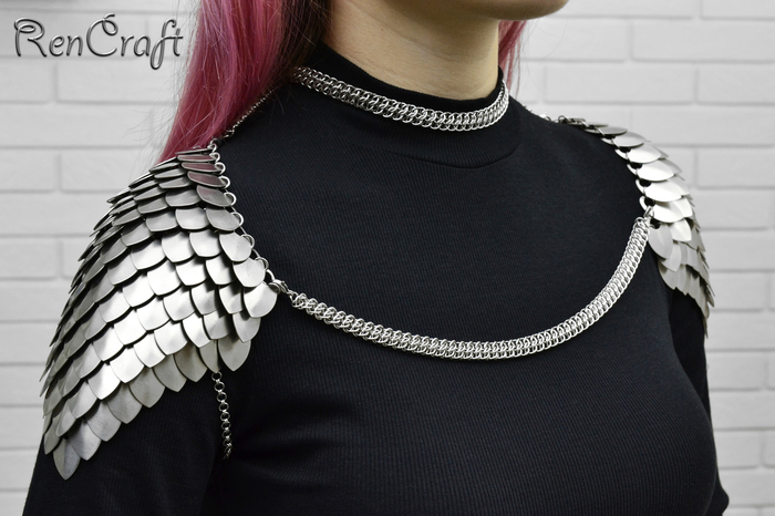 Чешуйчатые наплечи из нержавеющей стали Рукоделие без процесса, Кольчужное плетение, Кольчужные украшения, Ручная работа, Наплечники, Кольчуга, Длиннопост