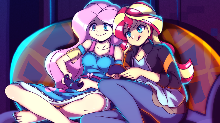 Fluttershy and Sunset Shimmer My Little Pony, Equestria Girls, Fluttershy, Sunset Shimmer, Rockset, Ponyart