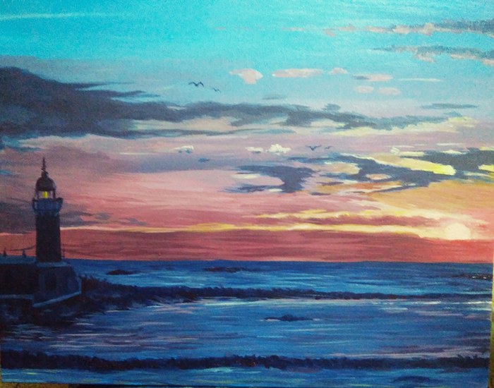 Drawing with oil paints - My, Painting, Oil painting, Landscape, Sunset, Sea, Lighthouse, Painting, Butter