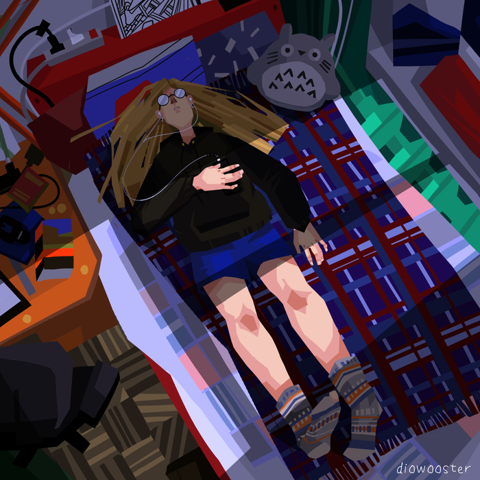 lie down and listen to music - My, Diowooster, Music, Art, Drawing, Girls, Headphones, Interior, Digital drawing