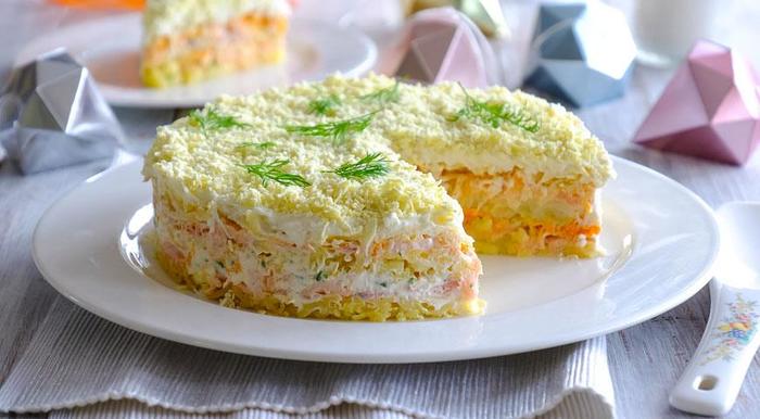 Salad Mimosa with pink salmon - Yummy, Salad, Preparation, Recipe