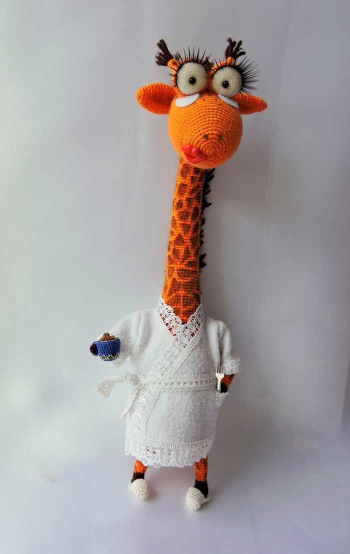 Giraffe Tom - My, Author's toy, Giraffe, Amigurumi, Robe, Crochet, Morning, Slippers