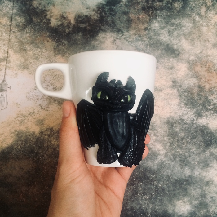 Mug with polymer clay decor How to Train Your Dragon - My, Mug with decor, Toothless, Polymer clay