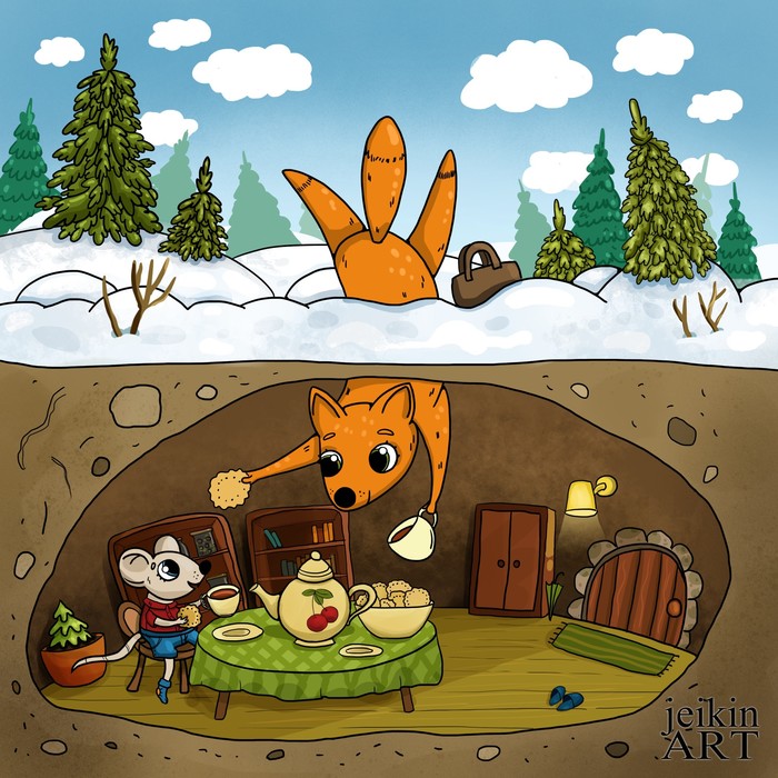 How the fox went to visit - My, Fox, Mouse, Illustrations, Drawing, Animals, Mouse-bending, Story, Digital drawing